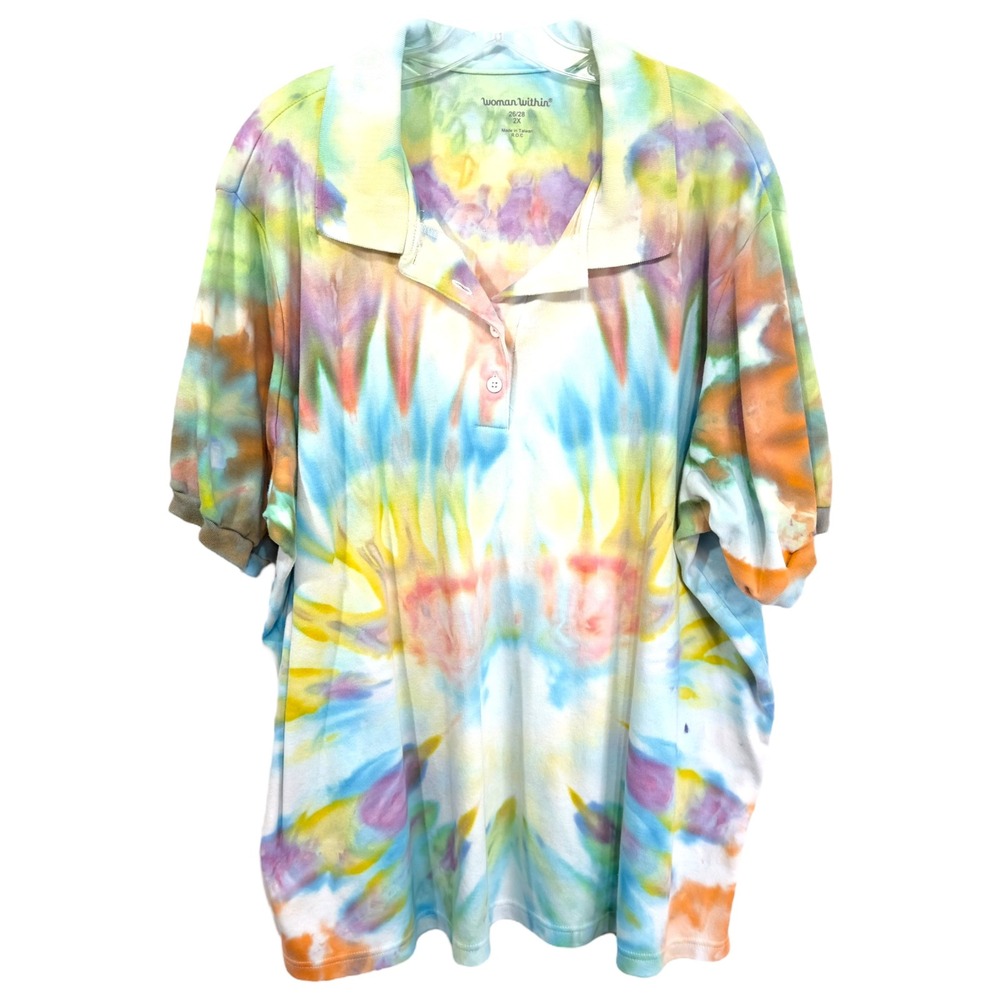 Woman Within Plus Size 26W 28W Top‎ 2X Handmade Tie Dye Polo Short Sleeve 387